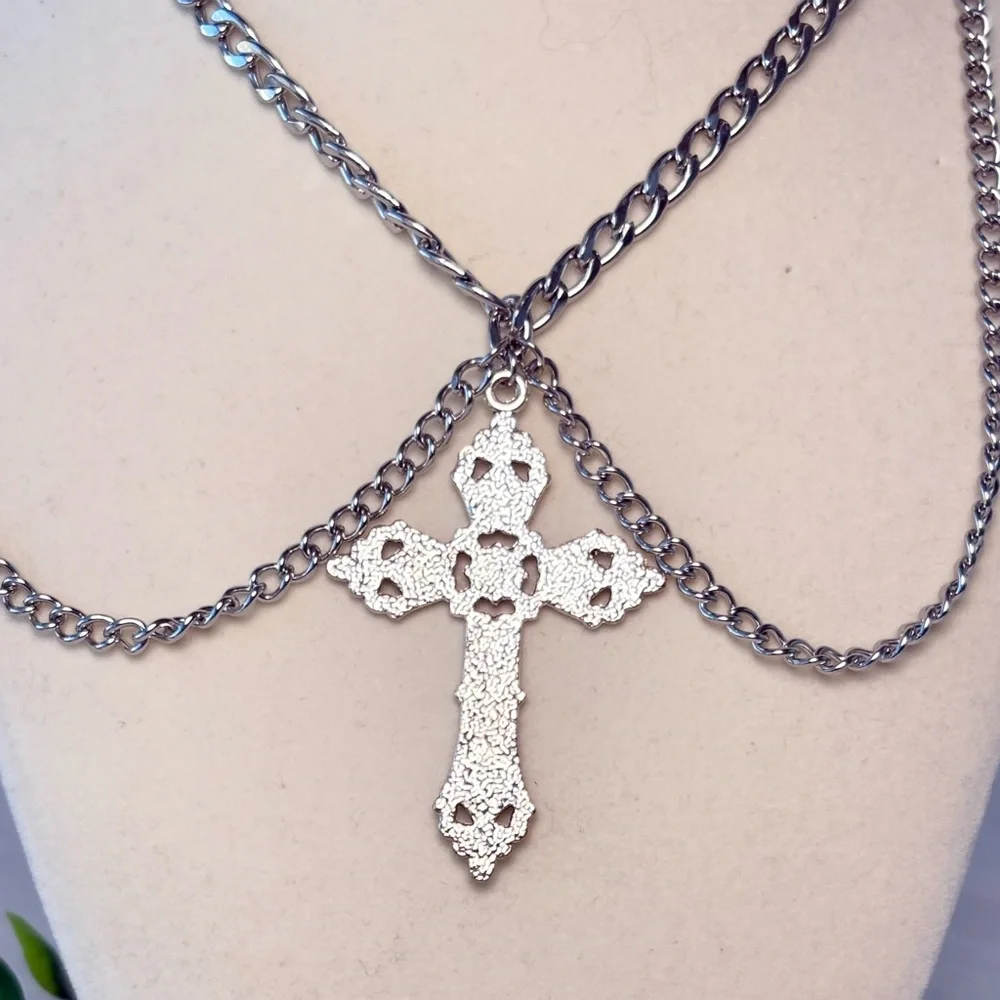 Elegant Silver Cross Double Chain Choker‎ Necklace